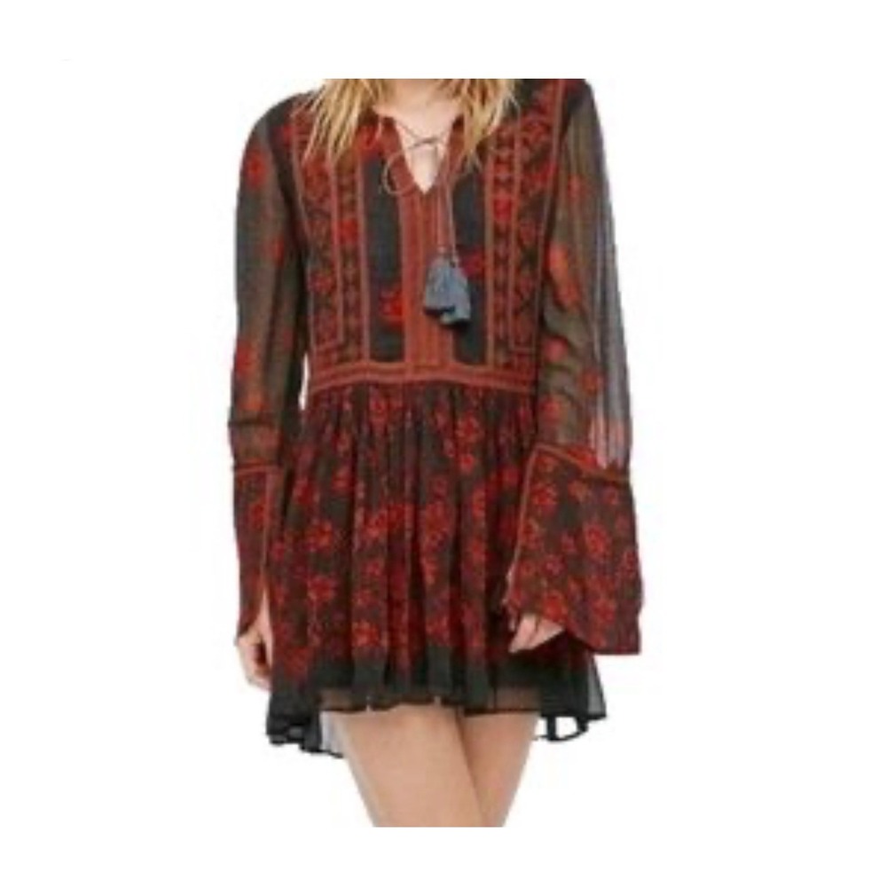 Free People Smooth Talker Mini Dress XS Black Floral Boho Tassel Bell Sleeve